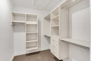 Spacious closet with dark colored carpet