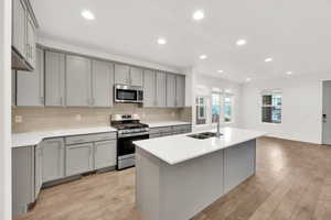 Kitchen featuring gray cabinetry, sink, and stainless steel appliances