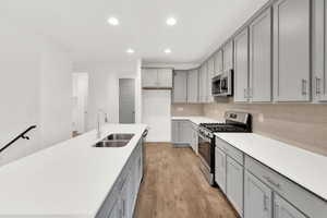 Kitchen with sink, gray cabinetry, stainless steel appliances, light hardwood / wood-style floors, and decorative backsplash