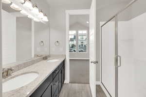 Bathroom with hardwood / wood-style flooring, vanity, an inviting chandelier, and walk in shower