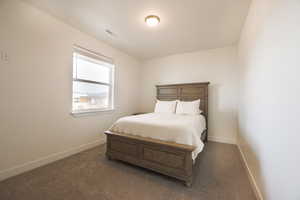 Bedroom featuring dark carpet