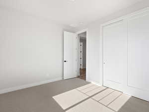 Unfurnished bedroom with carpet and a closet