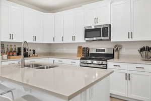 Kitchen featuring white cabinetry, stainless steel appliances, sink, and light stone counters