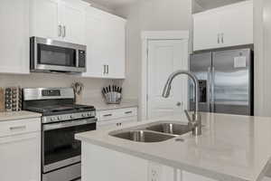 Kitchen with stainless steel appliances, white cabinetry, sink, and an island with sink