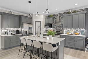 Kitchen featuring pendant lighting, wall chimney range hood, gray cabinetry, stainless steel appliances, and a center island with sink