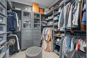 Spacious closet featuring light colored carpet