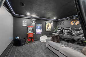 Cinema room with a textured ceiling and carpet