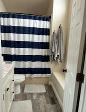 Bathroom with vanity, wood-type flooring, toilet, and a shower with curtain