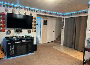 Interior space with carpet and a textured ceiling