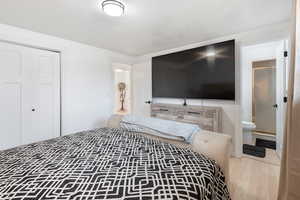 Bedroom featuring ensuite bath, hardwood / wood-style floors, and a closet