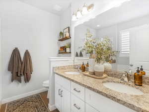 Bathroom featuring hardwood / wood-style flooring, vanity, and toilet