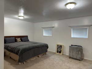 Carpeted bedroom featuring multiple windows and a textured ceiling