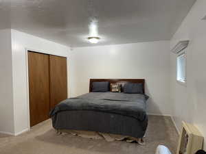 Bedroom featuring carpet, a textured ceiling, and a closet