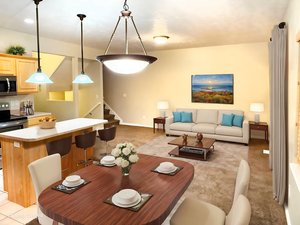 Dining room with light colored carpet