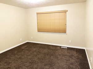 Carpeted spare room featuring a textured ceiling