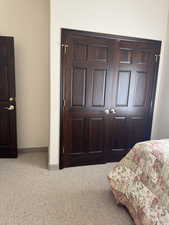 Carpeted bedroom with baseboards and a closet