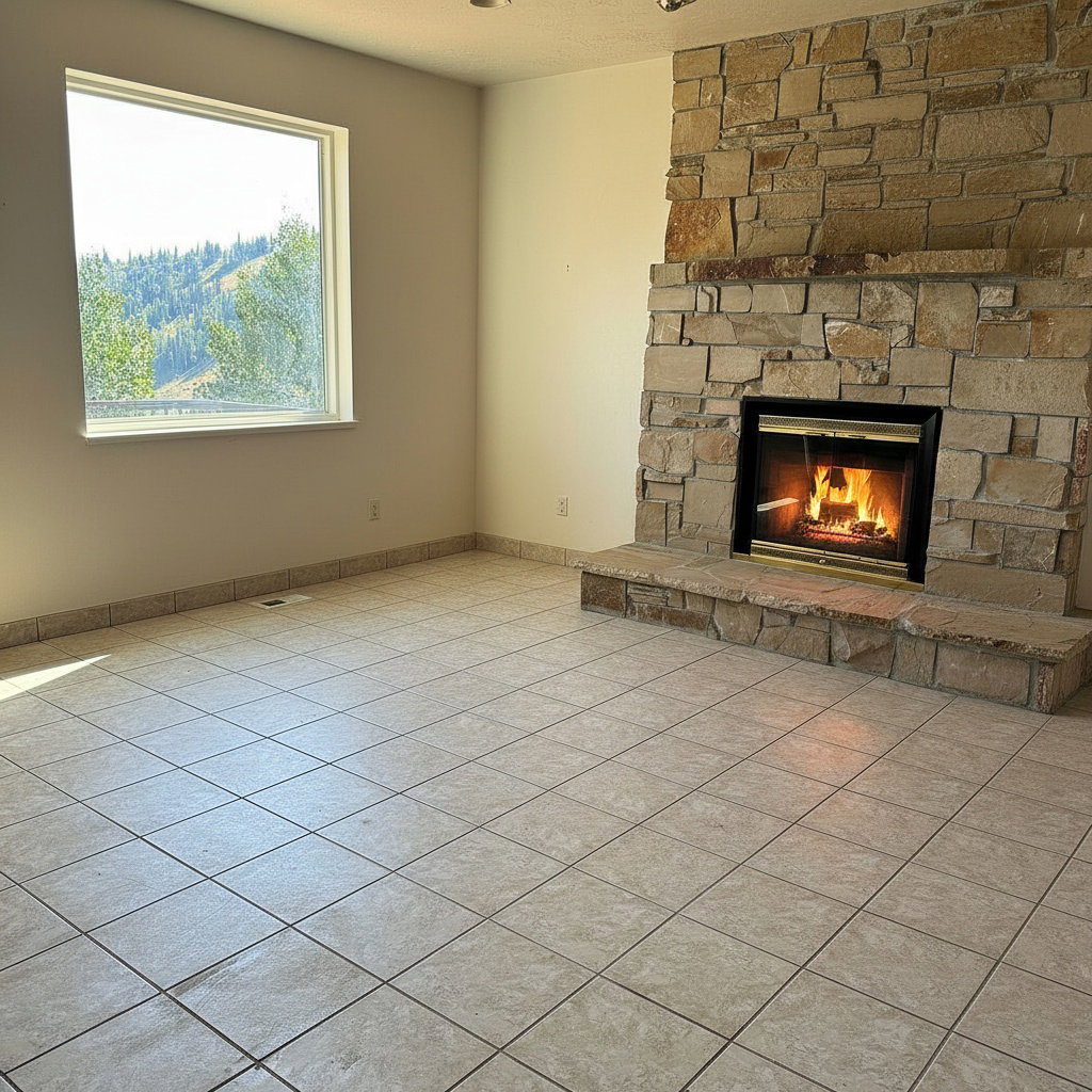 Stone-clad fireplace with a hearth, tile flooring, and a large window framing a natural landscape
