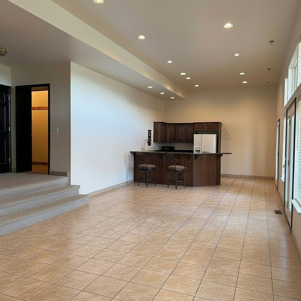 Spacious interior featuring extensive light-toned floor tiling and a built-in wet bar with dark wood cabinetry