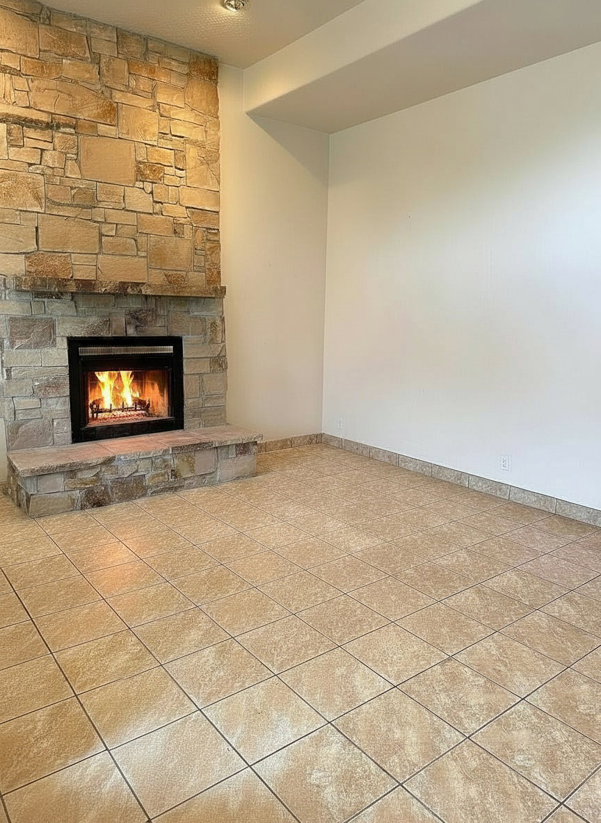 Stone-clad fireplace with a raised hearth, featuring a dark-framed firebox