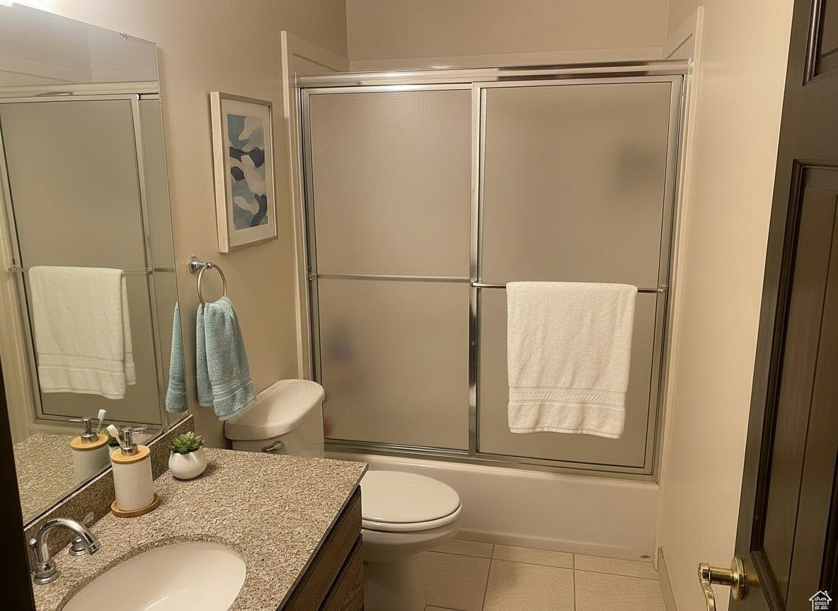 Bathroom featuring a combination bathtub and shower with frosted glass sliding doors, a single vanity with an integrated sink, a speckled countertop, and a wall-mounted mirror