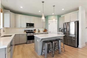 Kitchen featuring a kitchen island, appliances with stainless steel finishes, sink, decorative backsplash, and light hardwood / wood-style floors