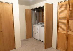Laundry area featuring light carpet and washing machine and clothes dryer