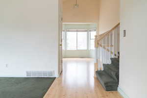 Stairway featuring a towering ceiling and wood-type flooring