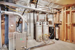 Spacious Utility room featuring 2 water heaters, water softener