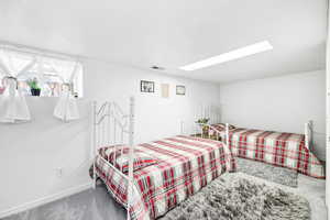 Bedroom with carpet flooring and a skylight