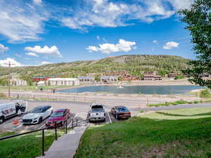 Bird's eye view featuring the pond and mountains