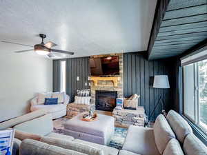 Living room featuring ceiling fan, a fireplace, and beautiful views