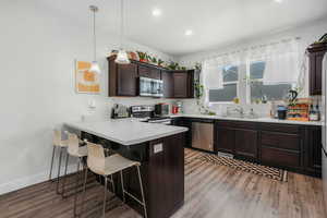 Kitchen featuring appliances with stainless steel finishes, pendant lighting, a kitchen breakfast bar, kitchen peninsula, and light wood-type flooring