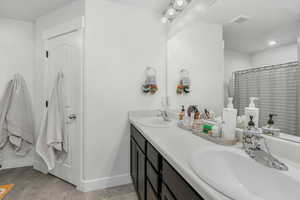 Bathroom featuring vanity and a shower with shower curtain