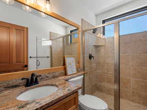 Bathroom with vanity, toilet, and an enclosed shower