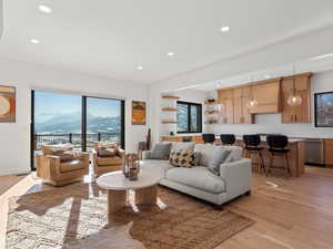 Living room featuring a mountain view and light hardwood / wood-style flooring