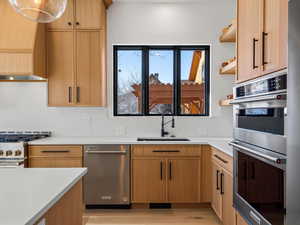 Kitchen featuring stainless steel appliances, sink, light brown cabinets, and light hardwood / wood-style floors