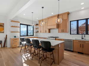 Kitchen with sink, dishwasher, premium range hood, a center island, and decorative light fixtures