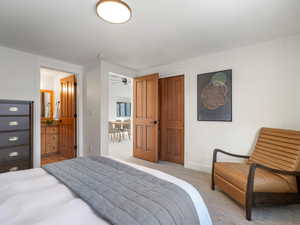 Carpeted bedroom featuring connected bathroom