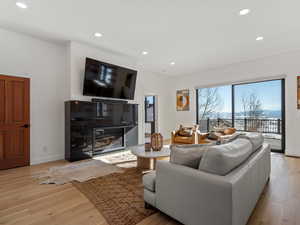 Living room featuring light hardwood / wood-style floors and a tile fireplace