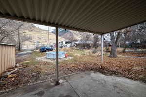 View of patio with a mountain view