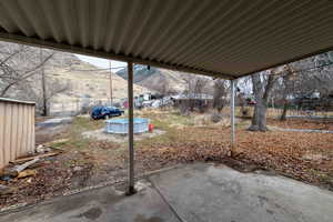 View of patio with a mountain view