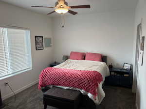 Master bedroom featuring dark colored carpet and ceiling fan