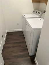 Laundry room with dark hardwood / wood-style flooring