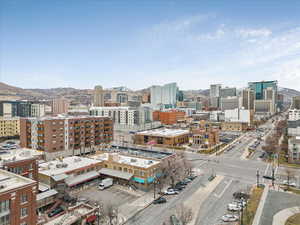 Arial view of city featuring a mountain view