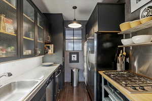 Kitchen featuring sink, appliances with stainless steel finishes, dark hardwood / wood-style floors, decorative backsplash, and decorative light fixtures