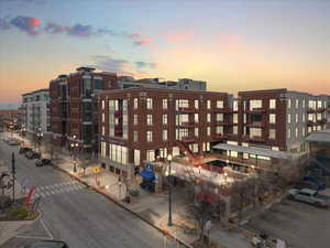 View of outdoor building at dusk