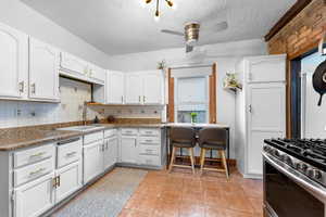 Kitchen with white cabinetry, backsplash, sink, and stainless steel gas stove