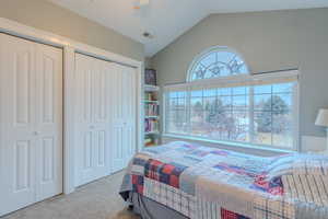 Bedroom with light colored carpet and lofted ceiling