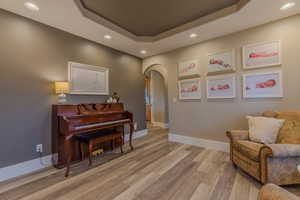 Living area with a raised ceiling and light hardwood / wood-style floors