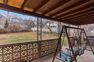 View of patio featuring a mountain view